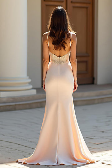 Mermaid Champagne Spaghetti Straps Satin Long Formal Dress